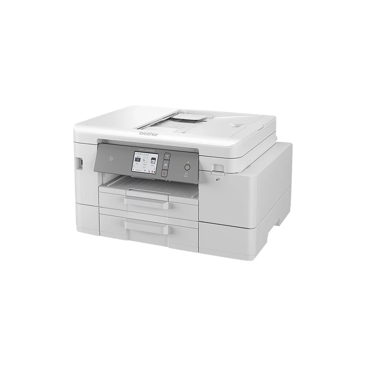 Ein weißer Brother-Multifunktionsdrucker mit Bedienfeld und Papierschubladen, auf weißem Hintergrund.