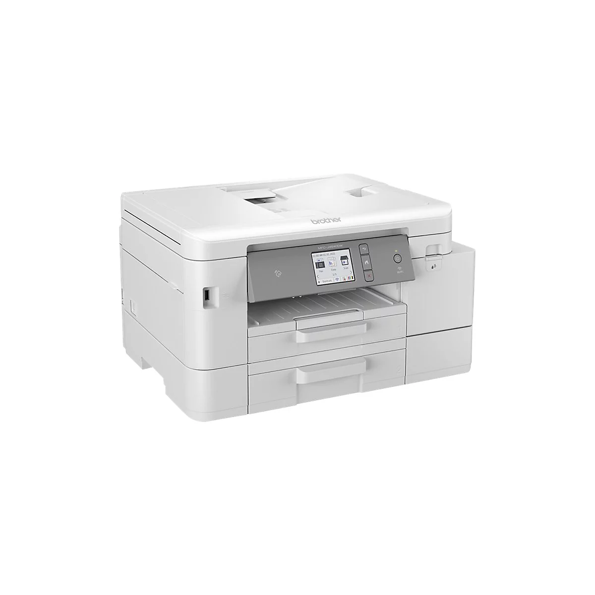 Weißer Brother-Multifunktionsdrucker mit Bedienfeld und zwei Papierschubladen. Auf dem Bedienfeld werden Informationen angezeigt.