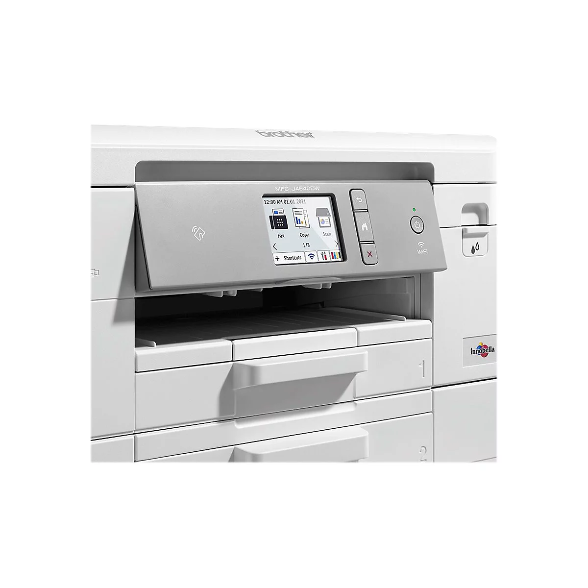 Detaillierte Ansicht eines weißen Brother-Multifunktionsdruckers mit Touchscreen und Bedienknöpfen. Der Bildschirm zeigt Optionen wie Fax, Kopie und Scan an.
