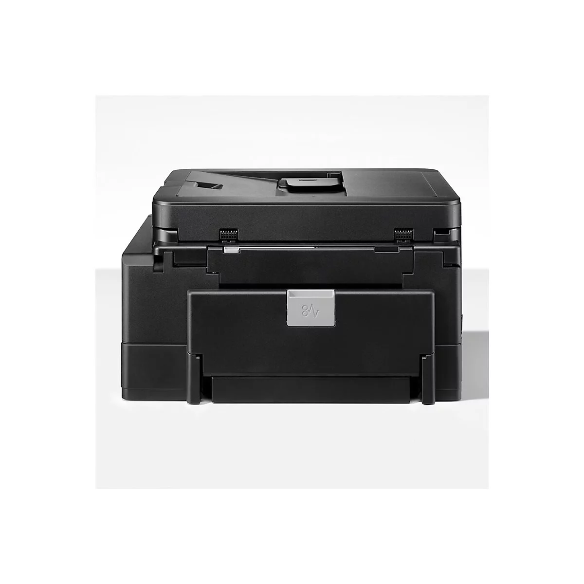 Schwarzer Multifunktionsdrucker in einer Frontalansicht vor weißem Hintergrund.