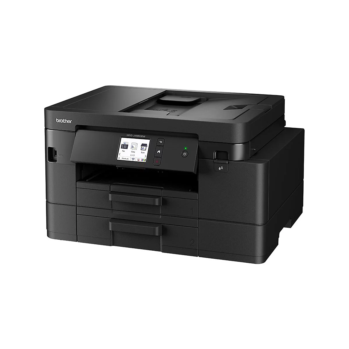 Schwarzer Multifunktionsdrucker von Brother mit Bildschirm, zwei Papierschubladen. Auf dem Display sind Symbole zu sehen.