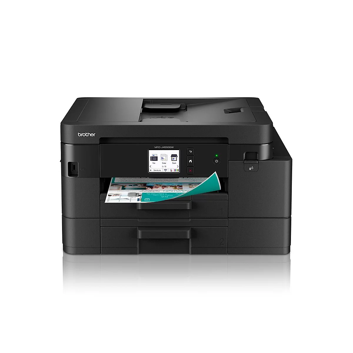 Schwarzer Brother MFC-J4550DW Multifunktionsdrucker mit zwei Papierfächern und einem farbigen Touchscreen-Display.