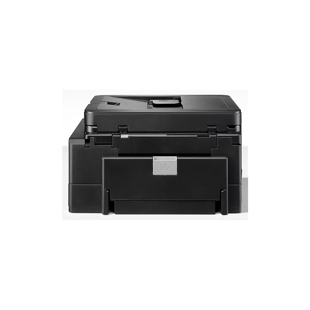 Schwarzer Drucker, Rückseite, auf weißem Grund. Graues Element mit Schriftzug '8V'.