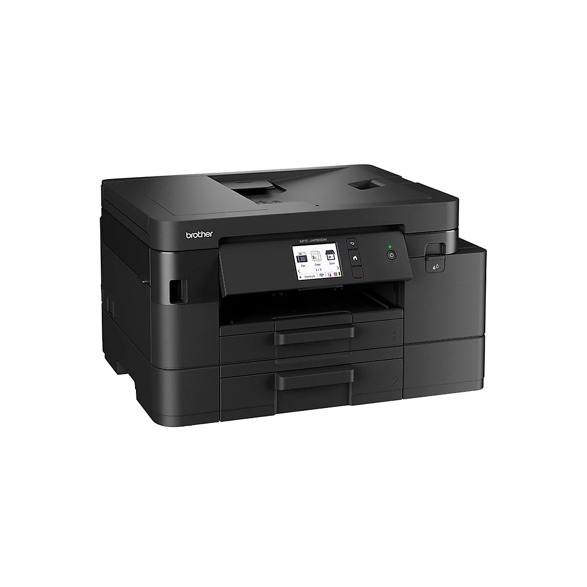 Schwarzer Brother MFC-J4550DW Multifunktionsdrucker mit zwei Papierfächern vor weißem Hintergrund.