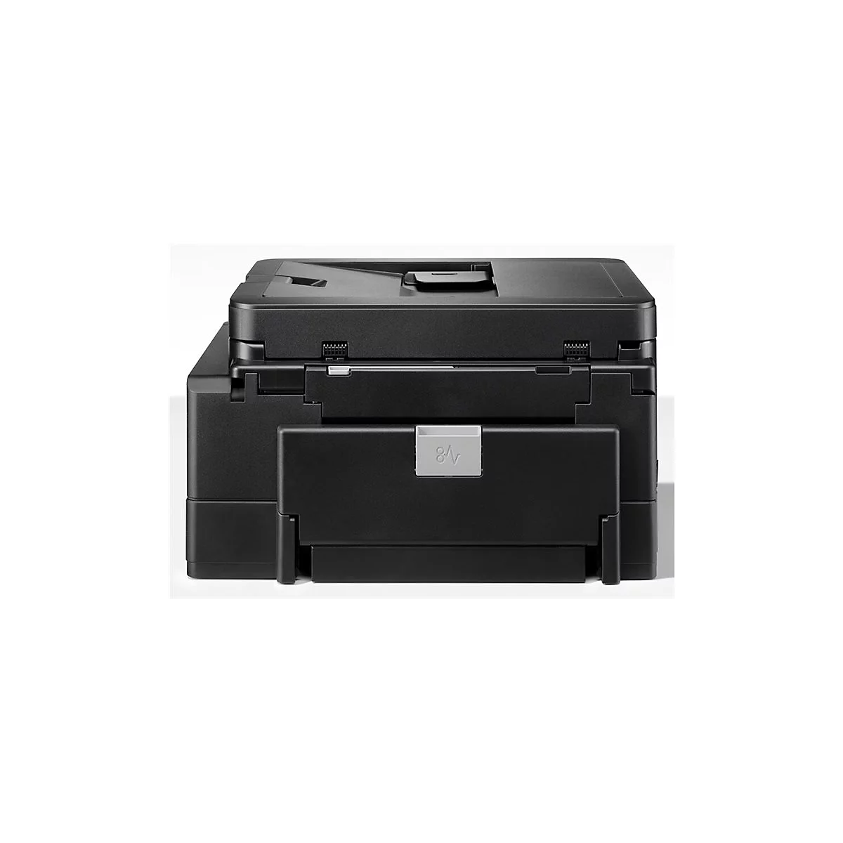Schwarzer Drucker mit grauer Abdeckung, Blick von hinten. Oben und unten befinden sich Papierfächer. Die Schriftzüge "8V" sind zu sehen.