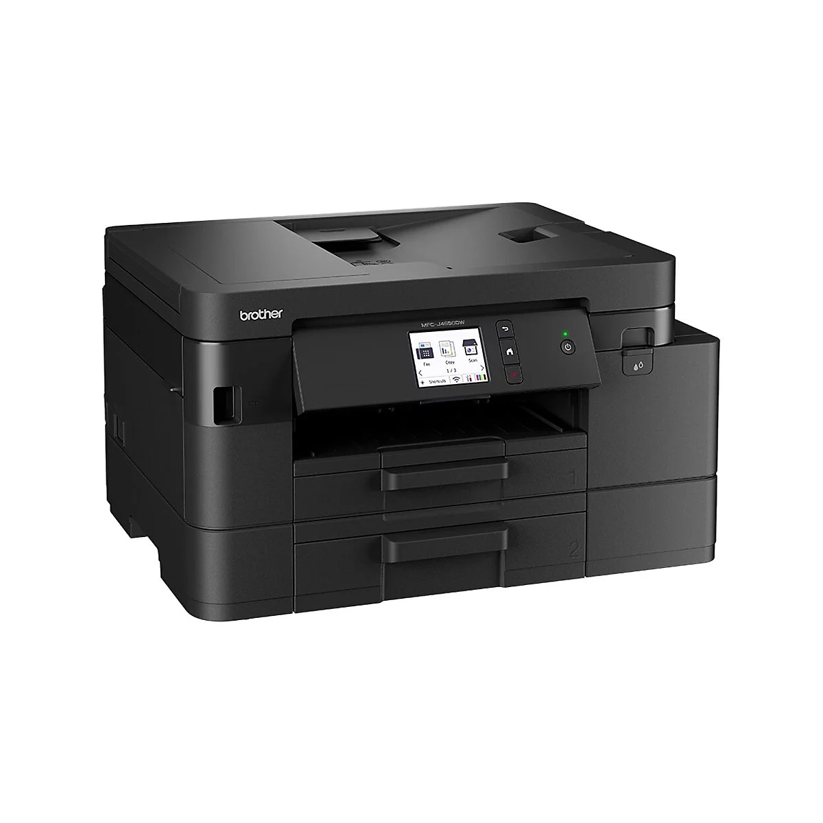 Schwarzer Brother-Multifunktionsdrucker. Bedienfeld mit Tasten und Display, darunter Papierschubladen.