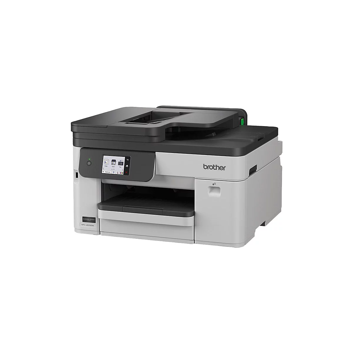 Grauer Brother Multifunktionsdrucker MFC-J6010DW mit Touchscreen-Display vor weißem Hintergrund.