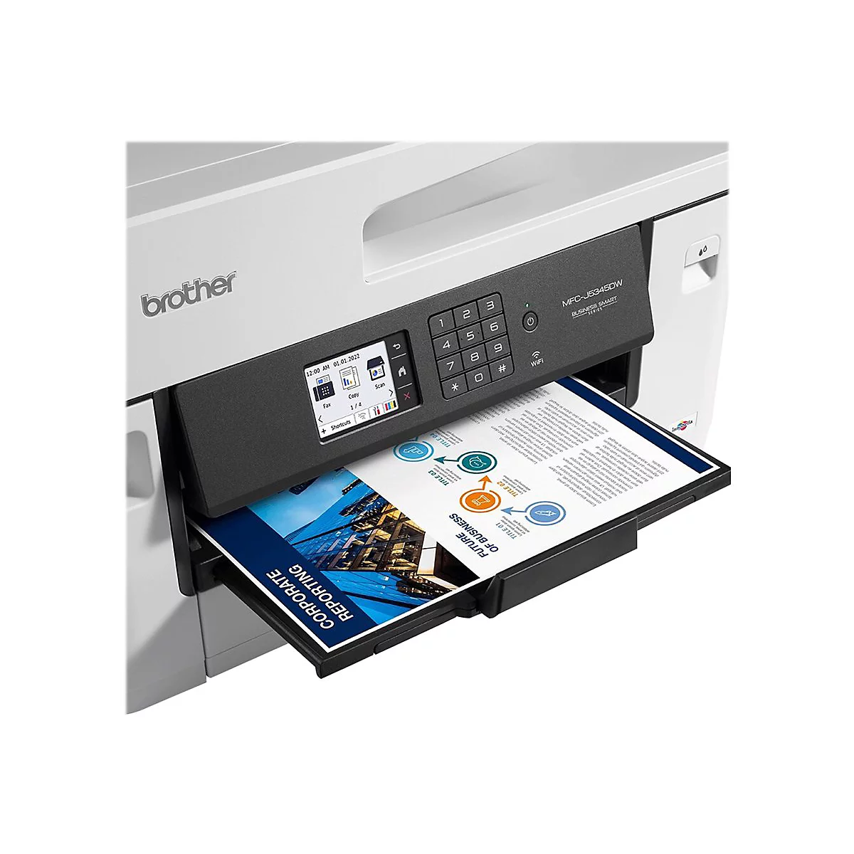Ein weiß-schwarzer Brother Multifunktionsdrucker druckt eine Corporate Reporting Vorlage. Auf dem Display Datum und Uhrzeit.
