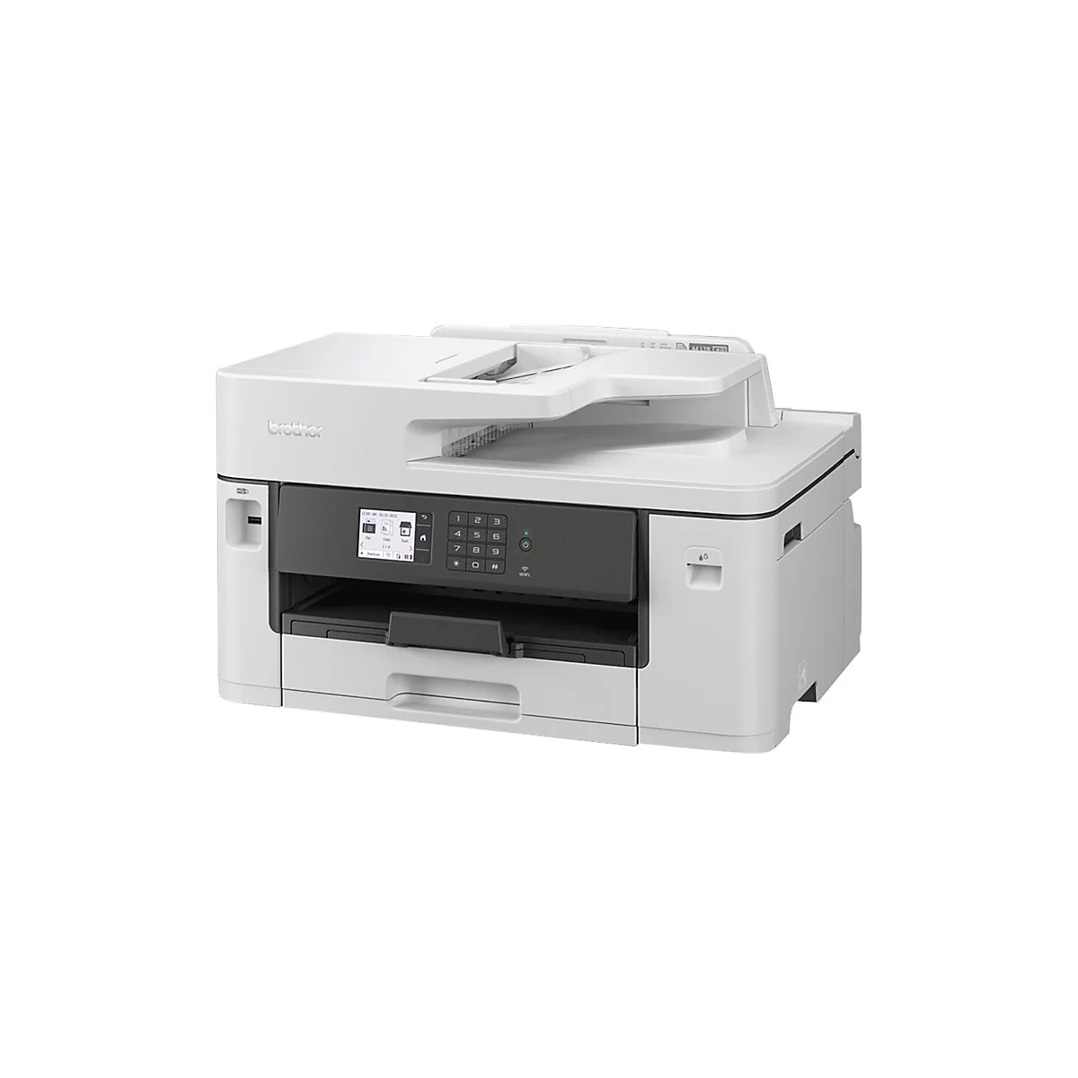 Weißer Brother-Multifunktionsdrucker mit Bedienfeld und Display. Das Papierfach ist offen.