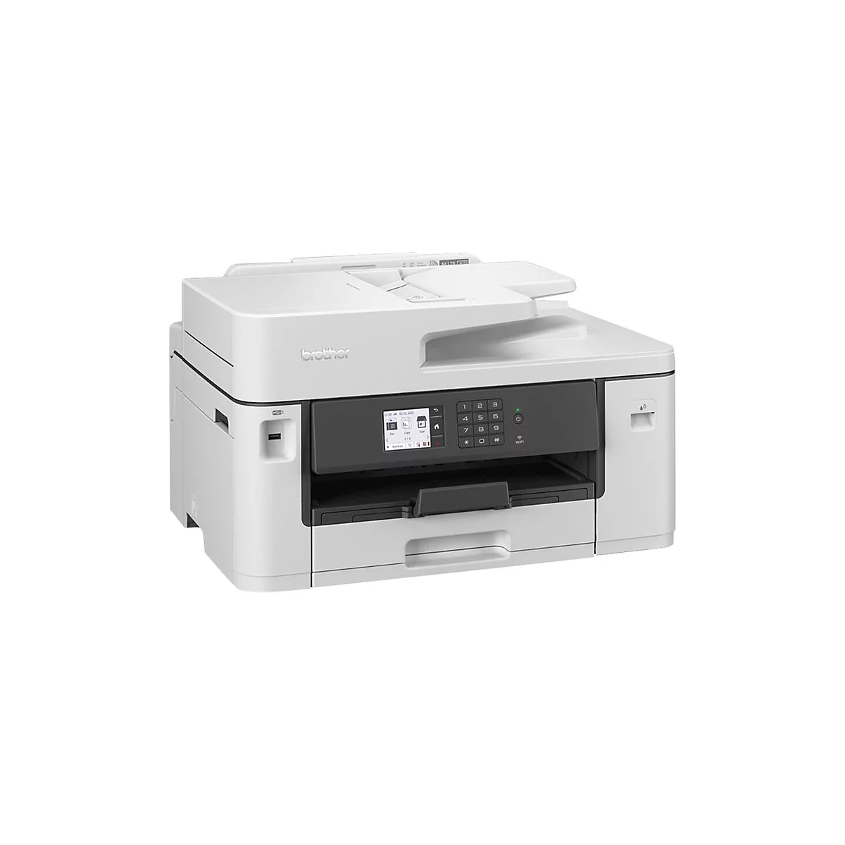 Ein weißer Brother-Multifunktionsdrucker. Auf der schwarzen Bedienfläche befindet sich ein kleines Display und eine numerische Tastatur.
