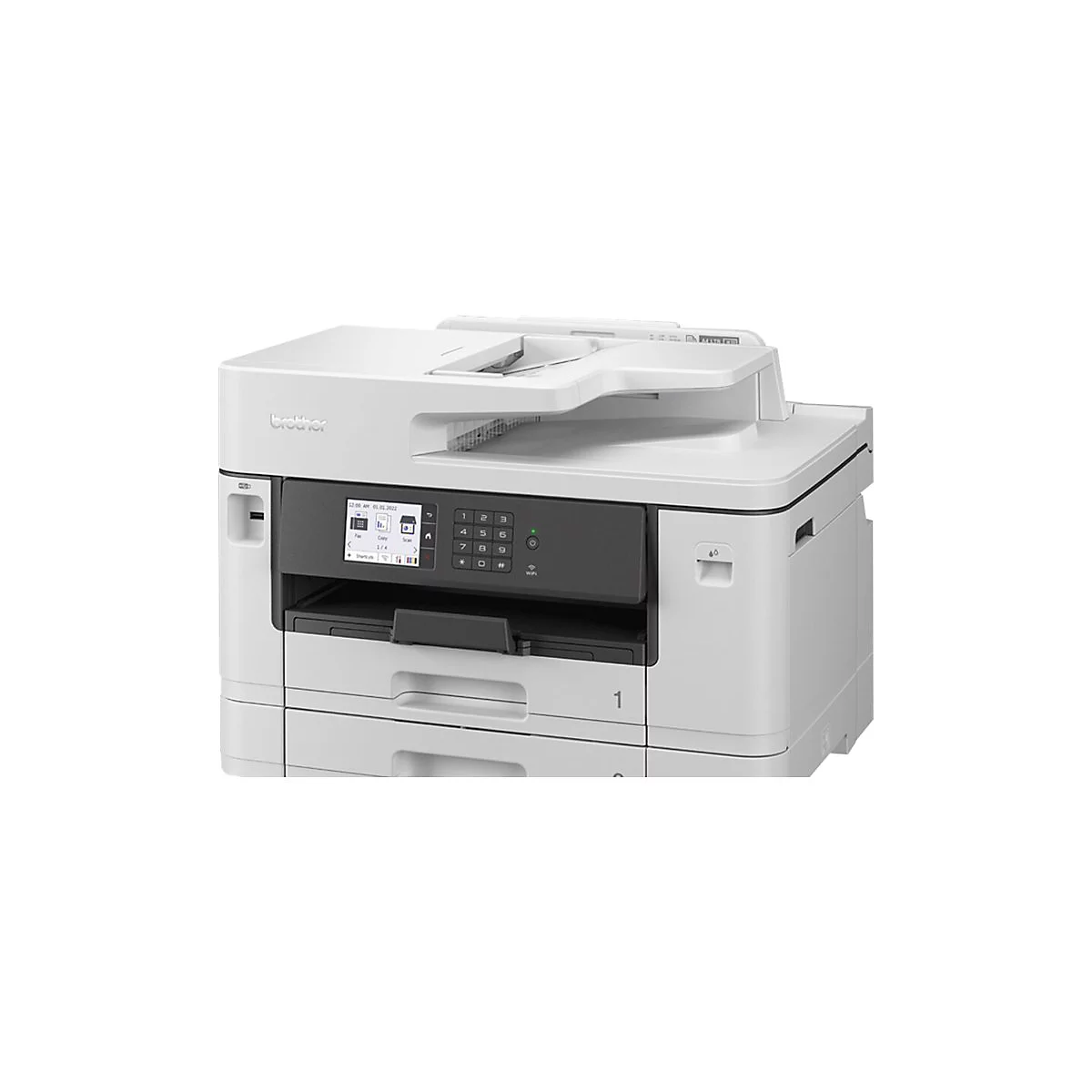 Ein weißer Brother-Multifunktionsdrucker mit Bildschirm und Zifferntasten. Die Schrift zeigt: Kopie, Scan, Fax. Auf dem Display Datum und Uhrzeit.