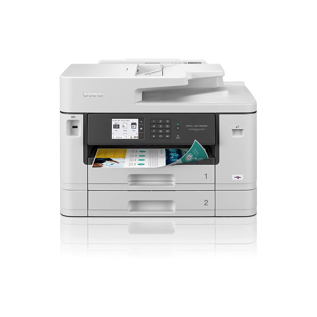 Weißer Brother Multifunktionsdrucker, Papierausgabe mit Ausdruck, Bedienfeld mit Uhrzeit und Datum.