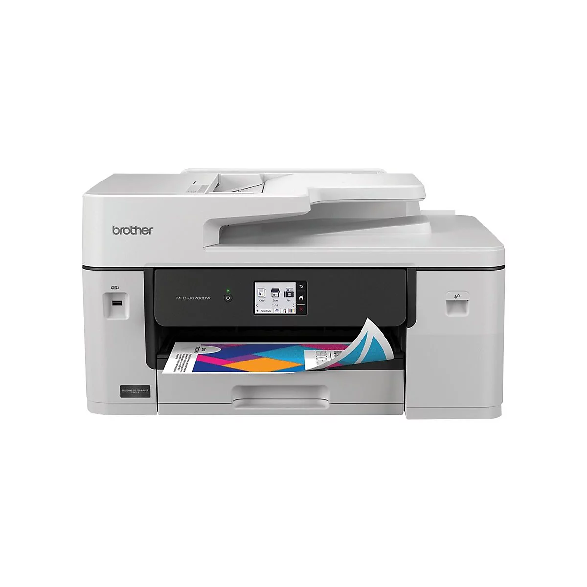 Weißer Brother MFC-J6760DW Multifunktionsdrucker mit Bedienfeld und ausgedrucktem Blatt Papier.