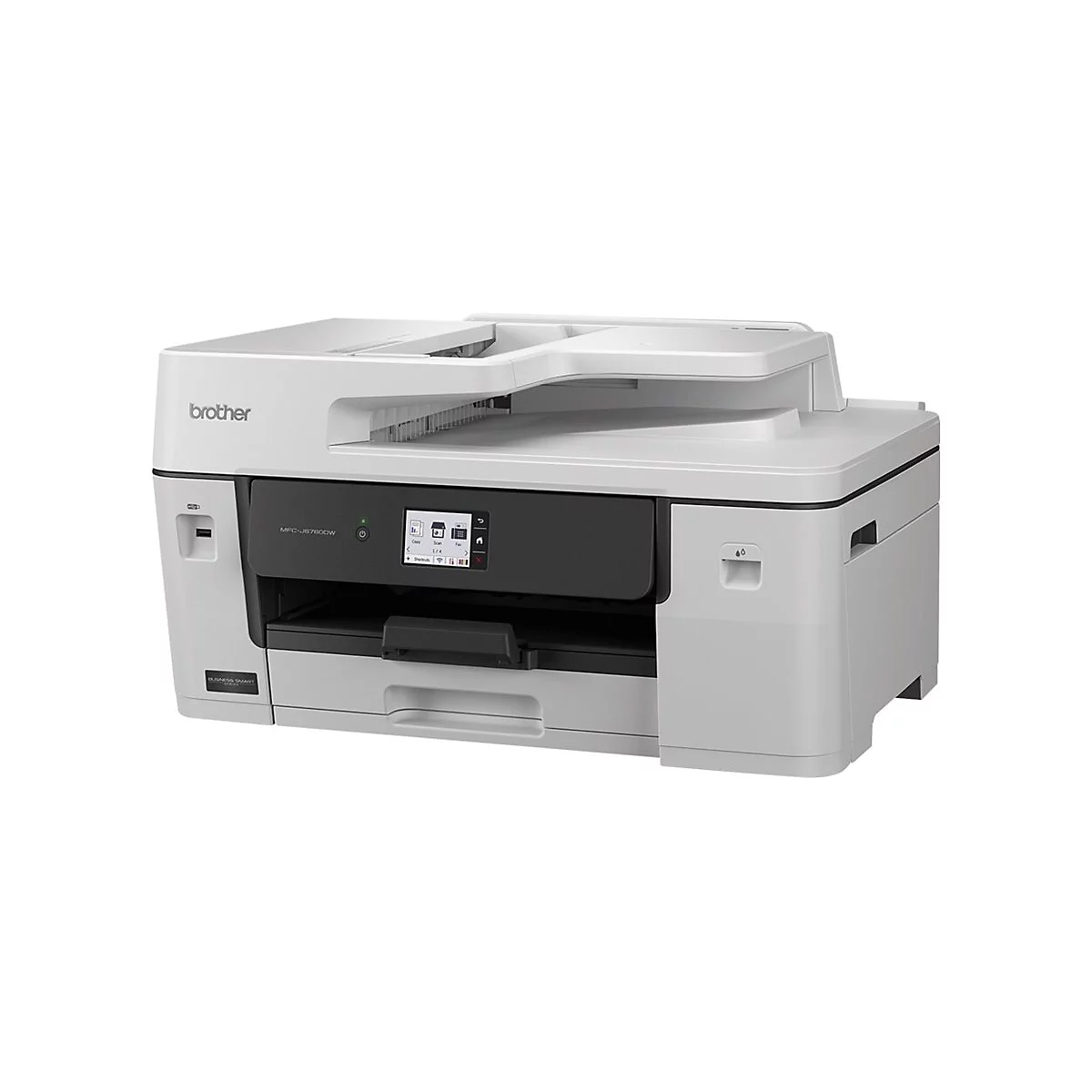 Weißer Brother Tintenstrahl-Multifunktionsdrucker vor neutralem Hintergrund.