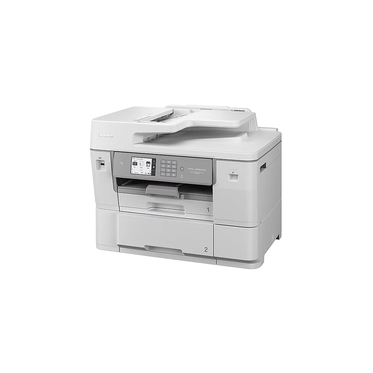 Ein weißer Brother Multifunktionsdrucker. Auf der Vorderseite befindet sich ein kleines Display und ein Nummernblock.