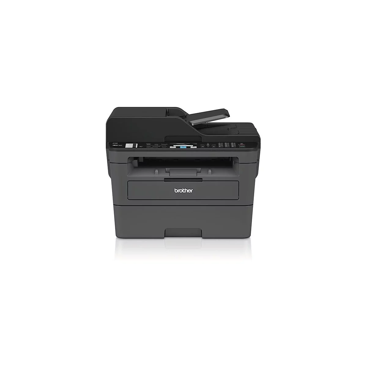 Schwarzer Brother Multifunktionsdrucker vor weißem Hintergrund. Druckerschublade mit Brother Schriftzug.