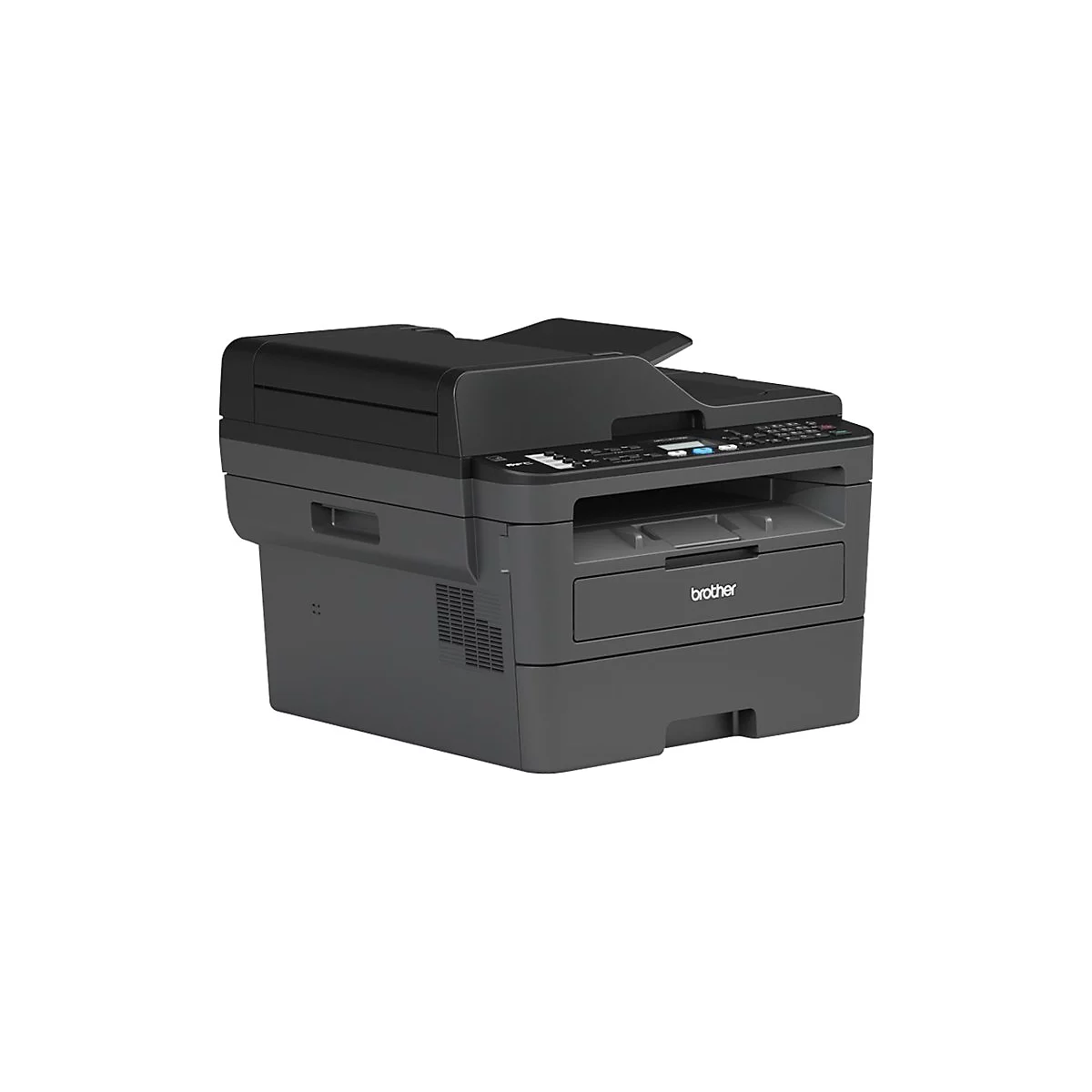 Schwarzer Brother Multifunktionsdrucker. Oben ein offener Scanner, darunter Bedienfeld und Papierauszug.