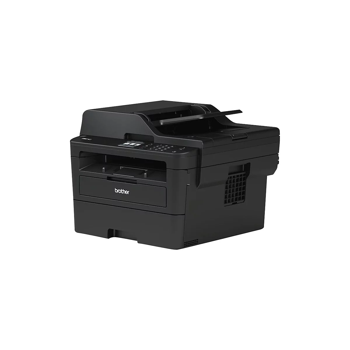 Schwarzer Brother Multifunktions-Laserdrucker mit Bedienfeld auf weißem Hintergrund.