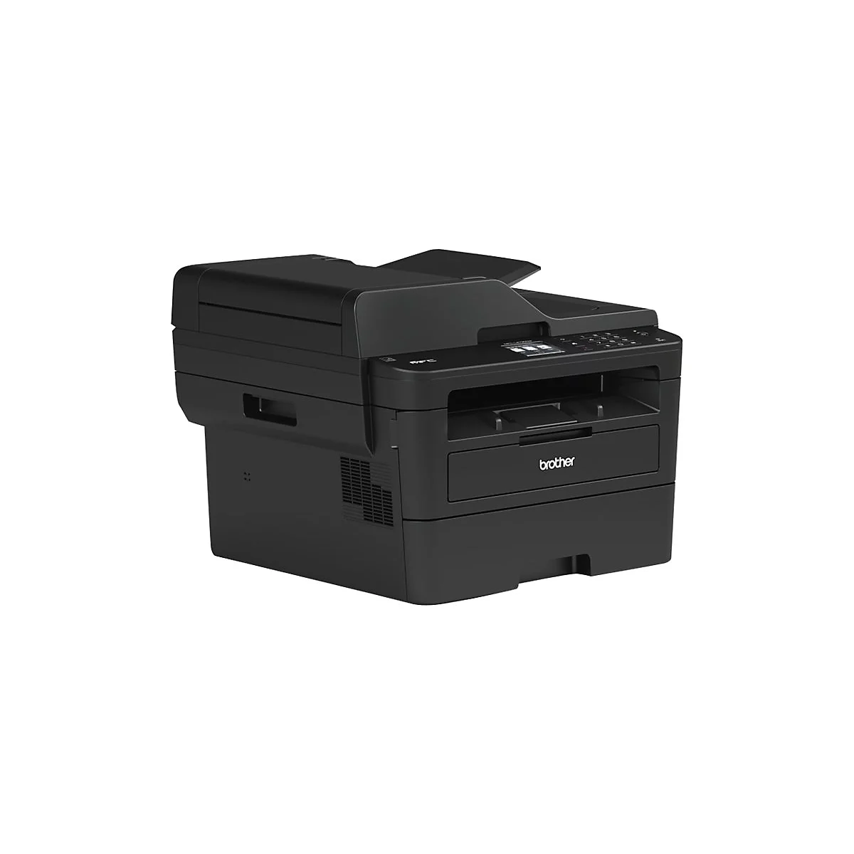 Schwarzer Brother Laserdrucker vor weißem Hintergrund.