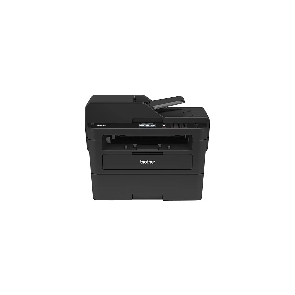 Schwarzer Brother Multifunktionsdrucker in der Frontansicht auf weißem Hintergrund.