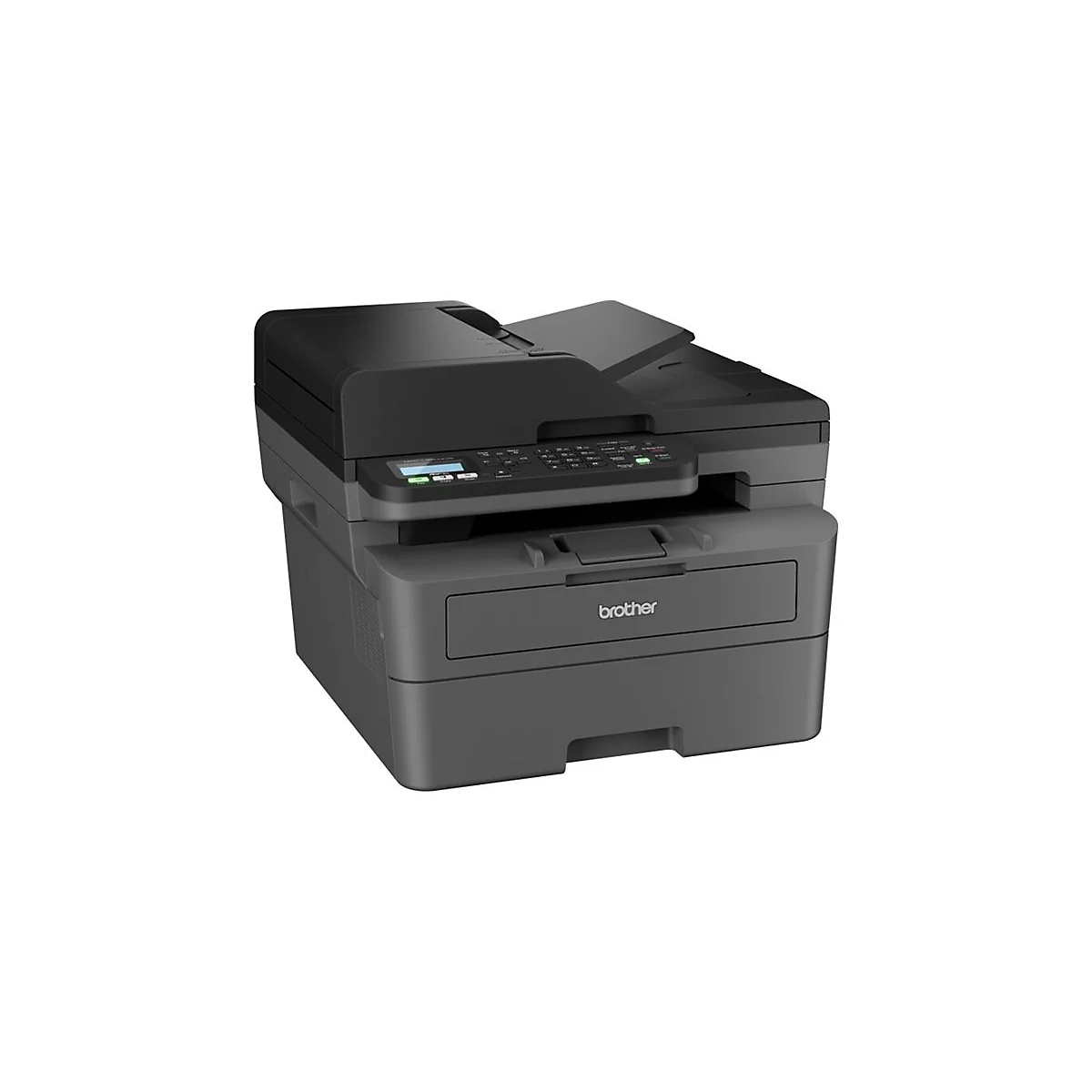 Drucker von Brother. Schwarz und Grau. Bedienfeld mit Knöpfen und Display. Papierausgabefach mit Logo.