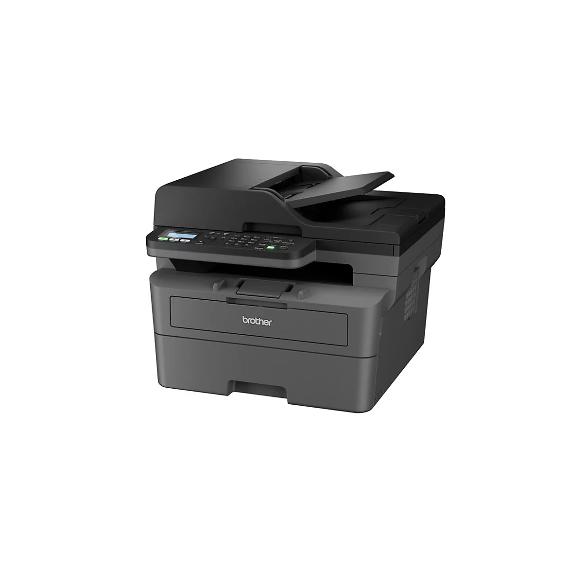 Ein schwarzer Brother-Multifunktionsdrucker vor weißem Hintergrund. Scannerdeckel offen.