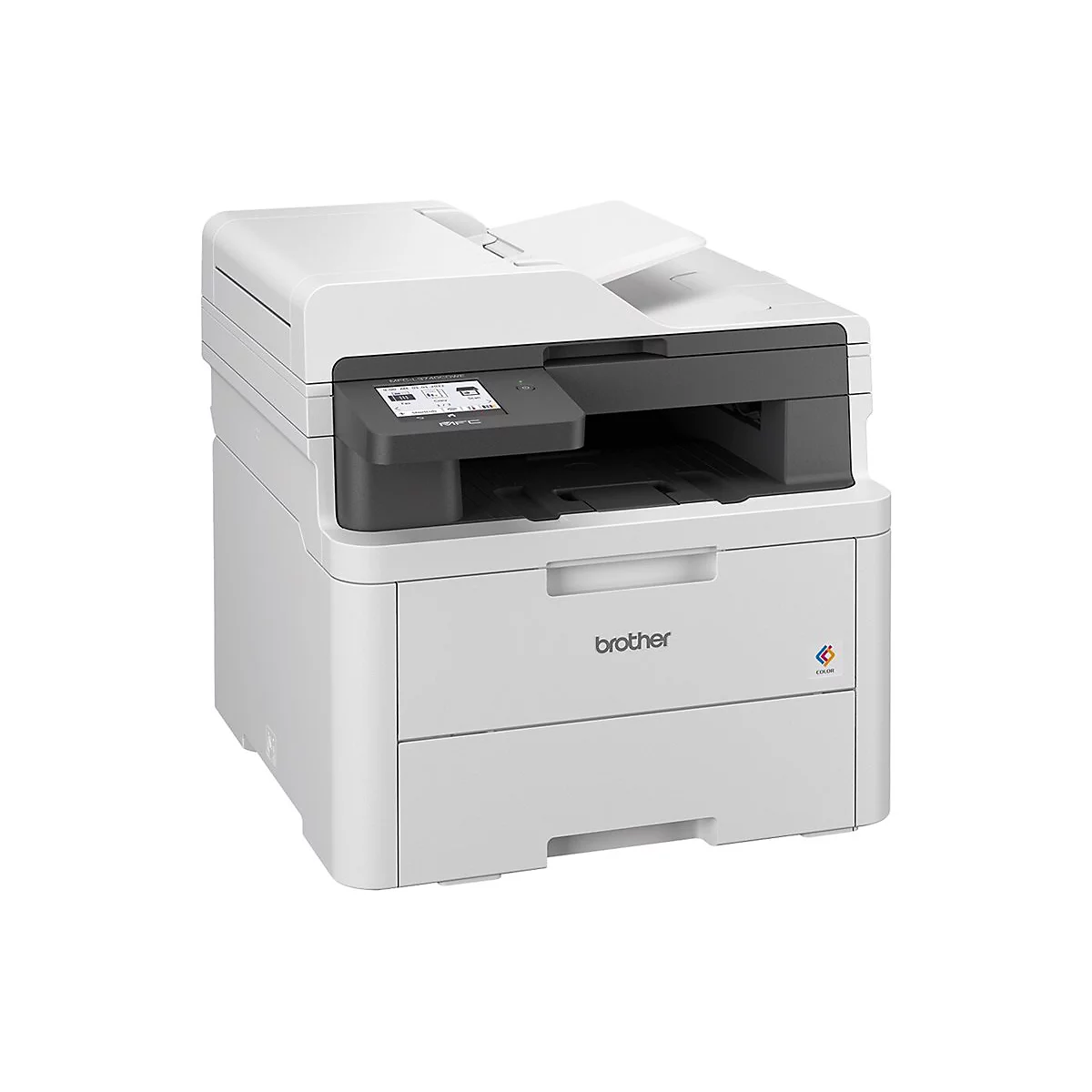 Ein weiß-grauer Multifunktionsdrucker von Brother, Ansicht von vorne. Farbdisplay, Papiereinzug oben, Schubladen unten.