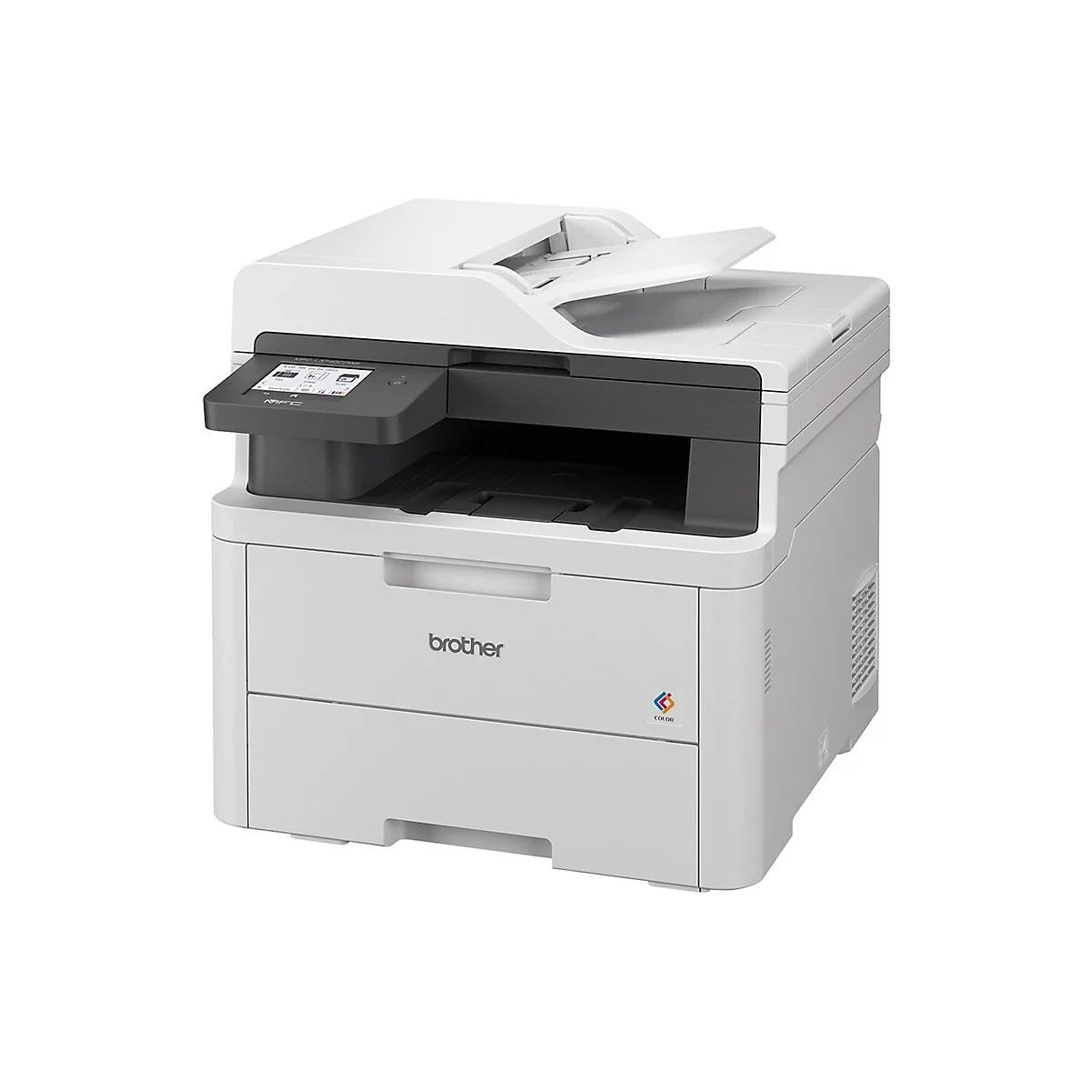 Weißer Drucker mit offenem Deckel und Touchscreen. Das Brother-Logo ist sichtbar.