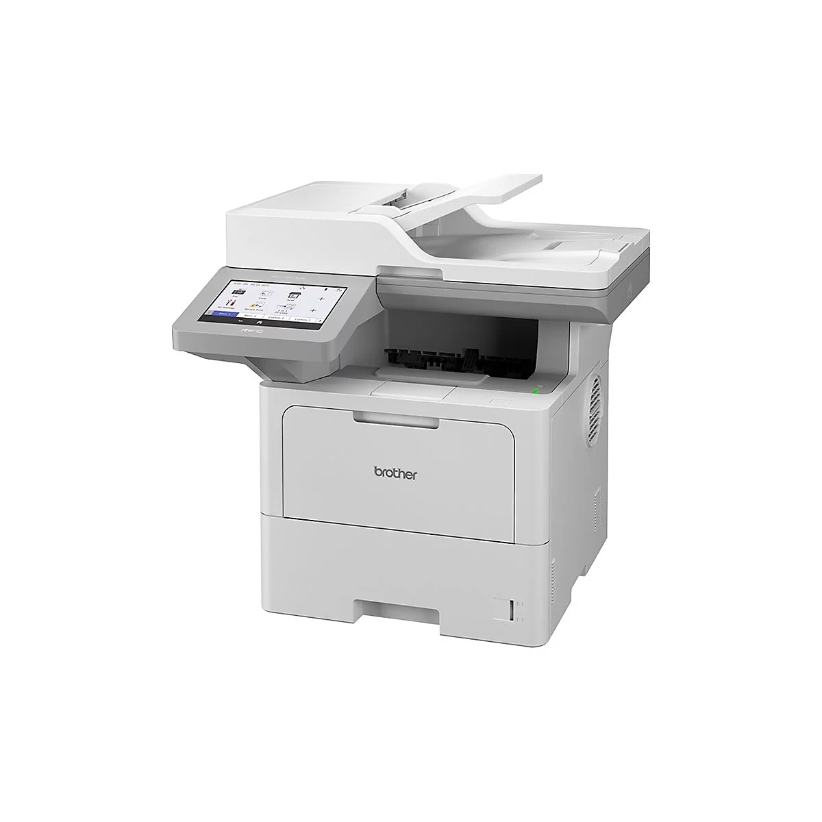Weißer Brother Laserdrucker mit Touchscreen-Display vor neutralem Hintergrund.