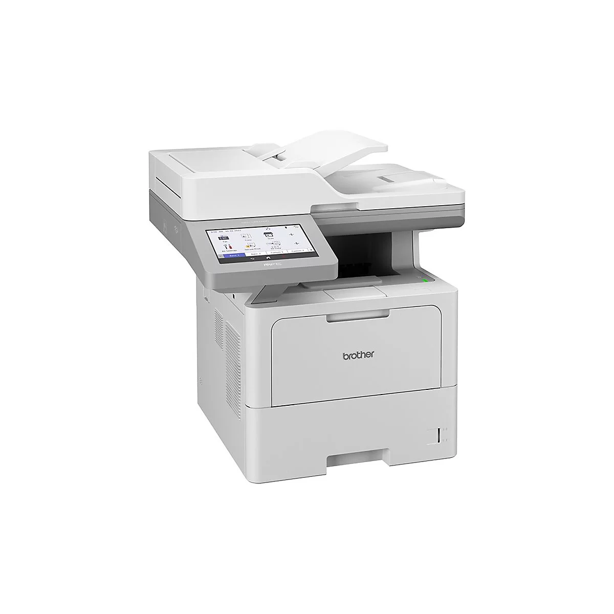 Weißer Brother Multifunktionsdrucker vor neutralem Hintergrund mit Touchscreen-Display.