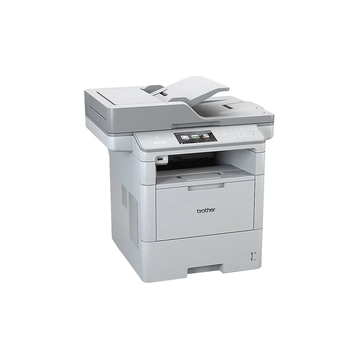 Grauer Multifunktionsdrucker von Brother. Oben offener Scanner, Bedienfeld mit Display, darunter Papierschublade mit Brother-Logo.
