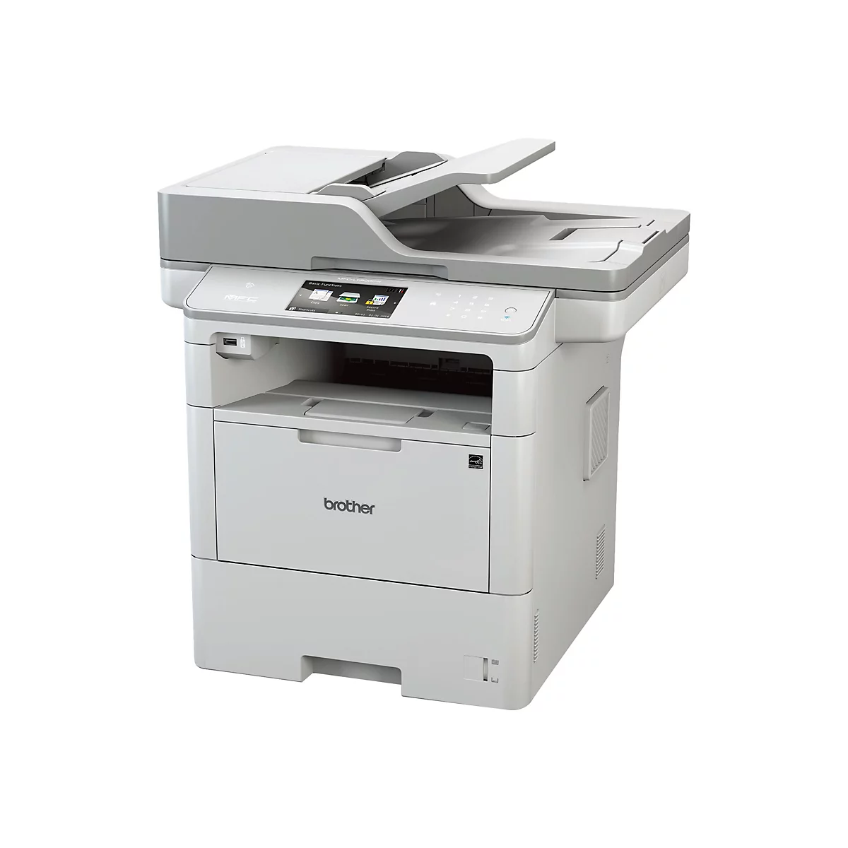Ein grauer Brother Multifunktionsdrucker. Oben befindet sich der Scanner, darunter ein Bedienfeld mit Display und Knöpfen, darunter eine Papierlade. Das Brother-Logo ist gut sichtbar.
