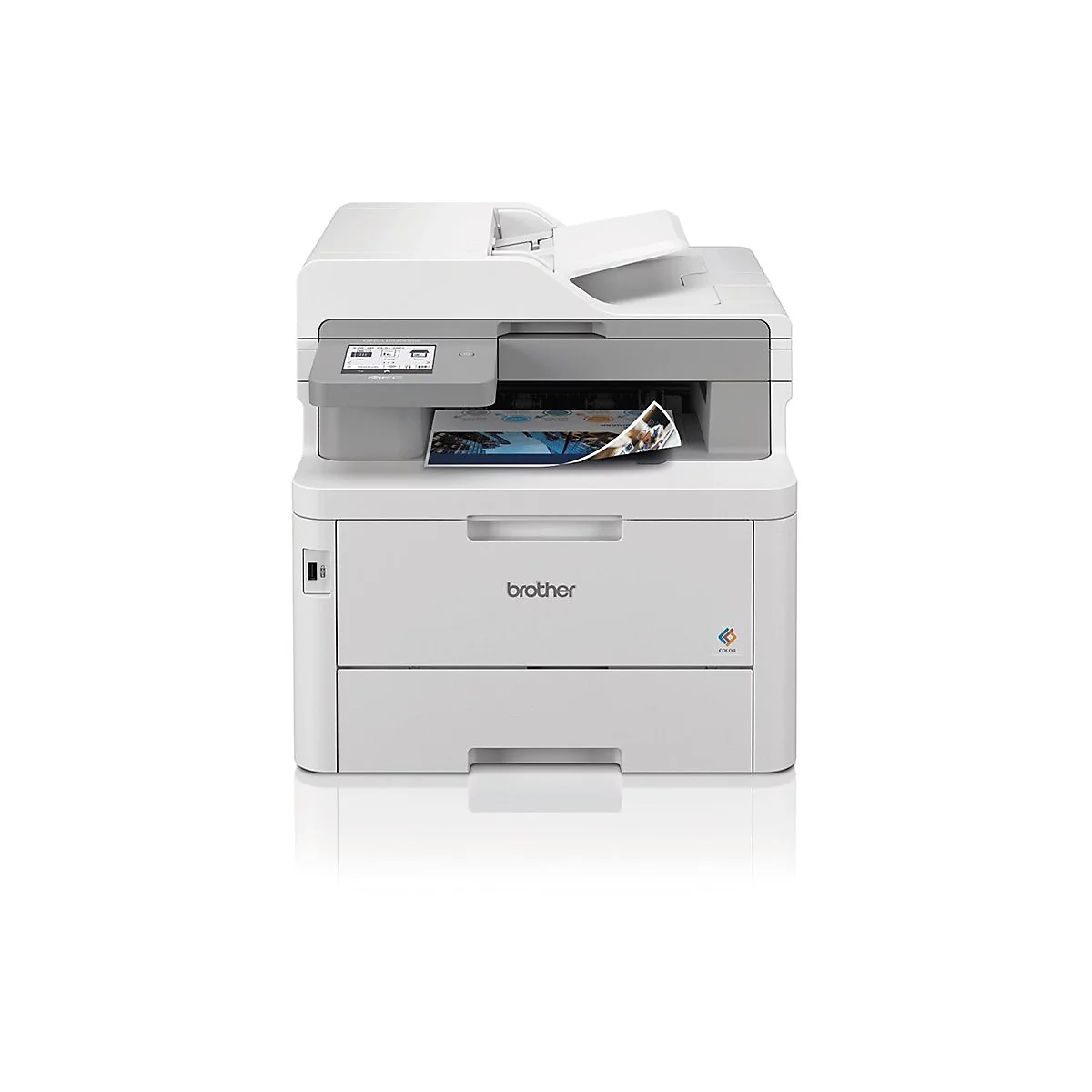 Weißer Brother-Multifunktionsdrucker mit farbigem Touchscreen und einem gedruckten Dokument, das aus dem Drucker kommt.