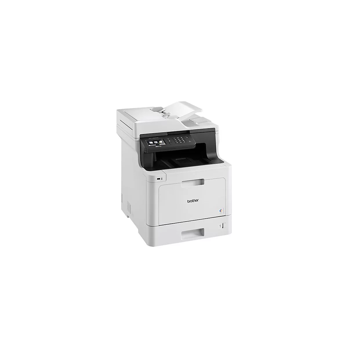 Ein weißer Brother-Multifunktionsdrucker auf weißem Hintergrund. Oben offener Einzug. Bedienfeld, Display und mehrere Tasten. Aufschrift "brother".
