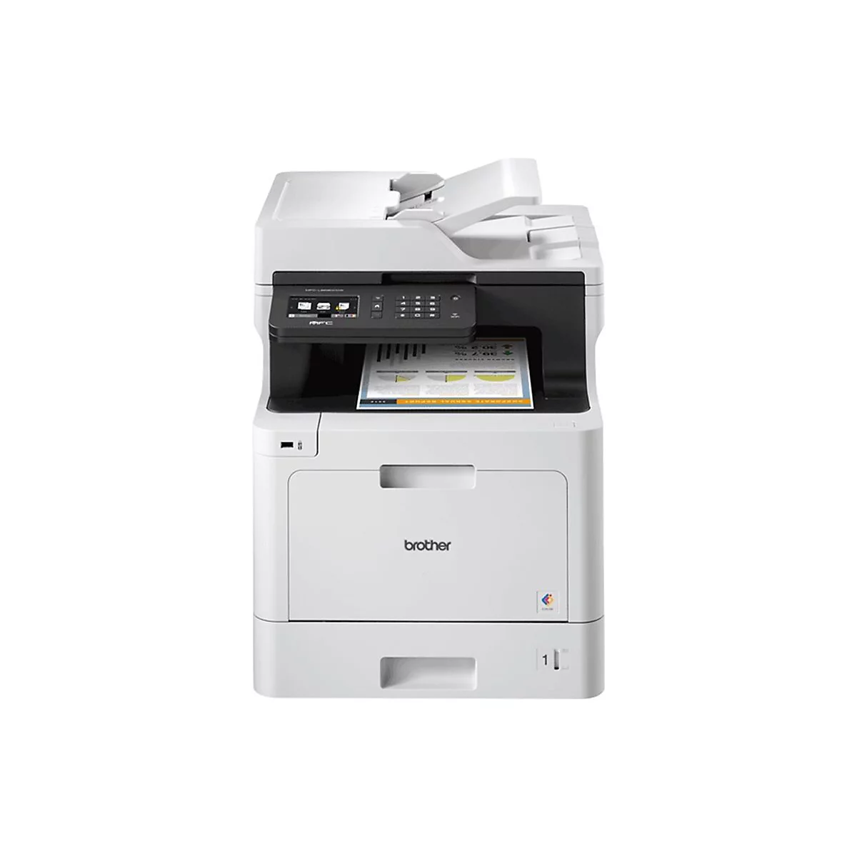 Weißer Brother-Multifunktionsdrucker mit ausgedrucktem Diagramm. Bedienfeld oben links.