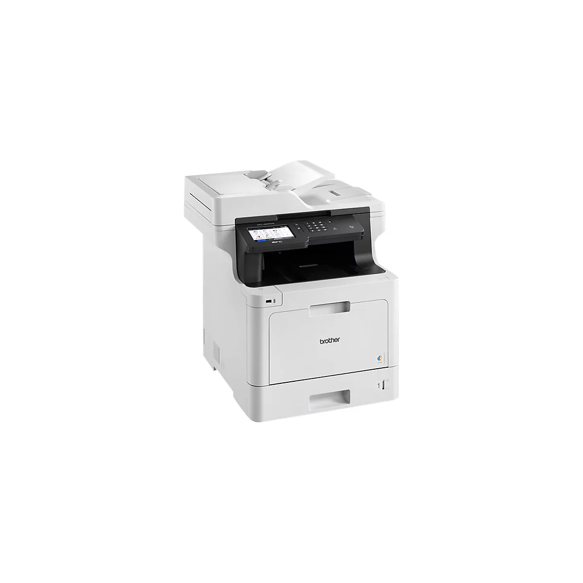 WeiÃŸer Brother-Multifunktionsdrucker, schwarz abgesetzt. Mit Display und Bedienfeld, Papierausgabefach.