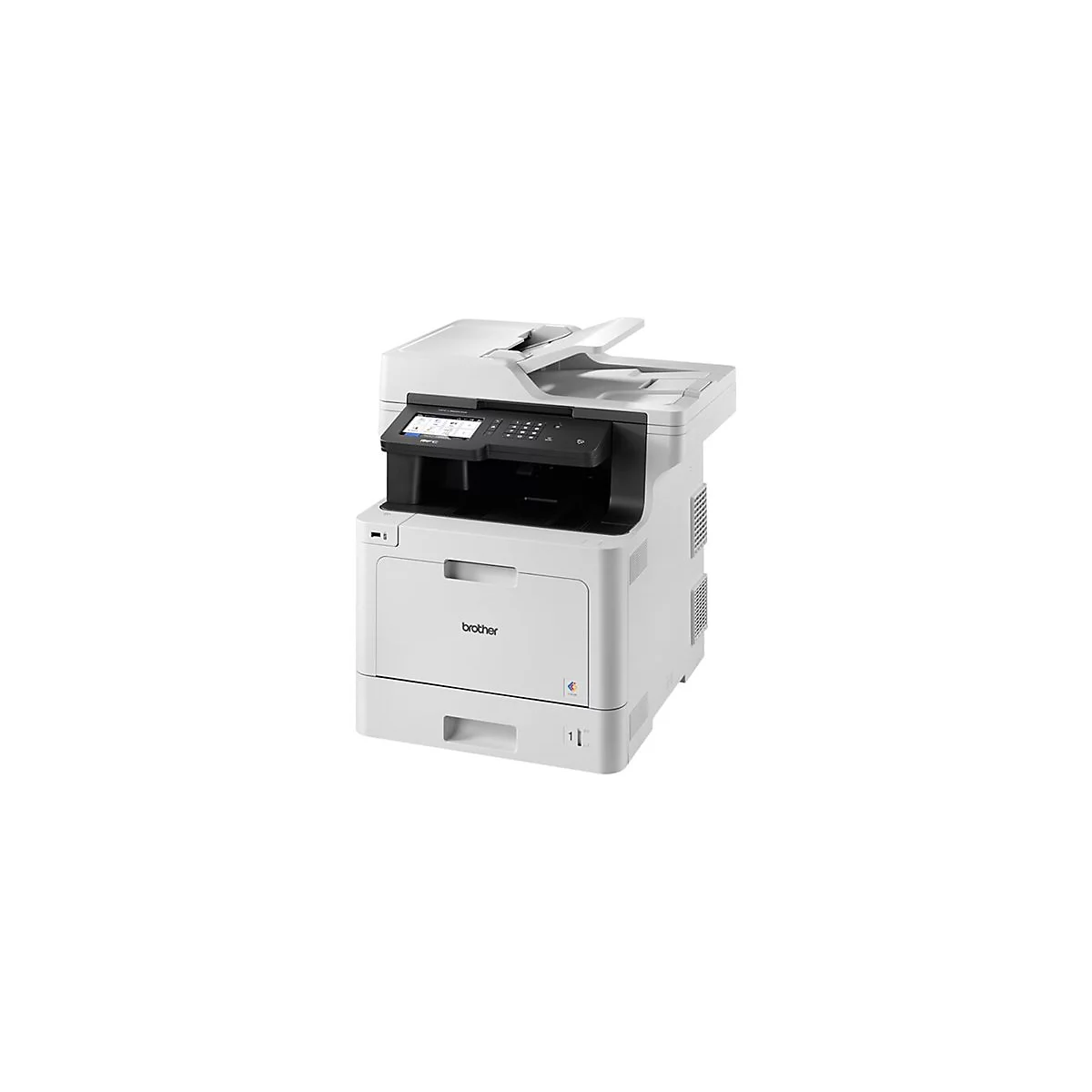 Weißer Multifunktionsdrucker mit Bedienfeld, Druckerfach und Markenschriftzug.