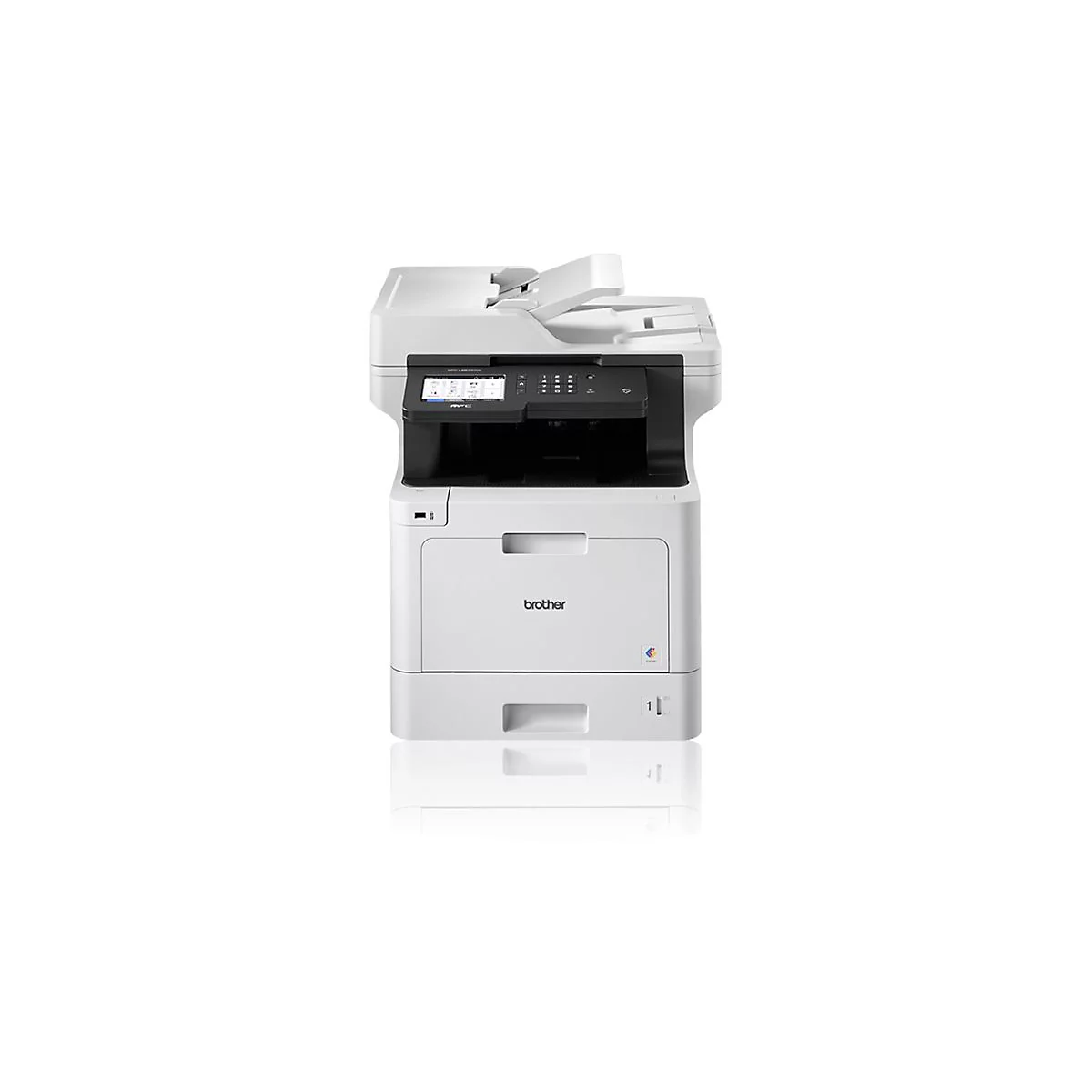 Imprimante blanche avec écran tactile, sur fond blanc.