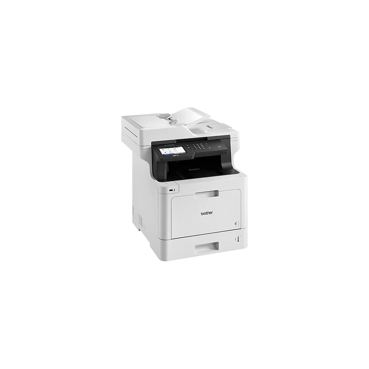 Imprimante multifonction blanche Brother, panneau de commande avec écran tactile, bac à papier ouvert.