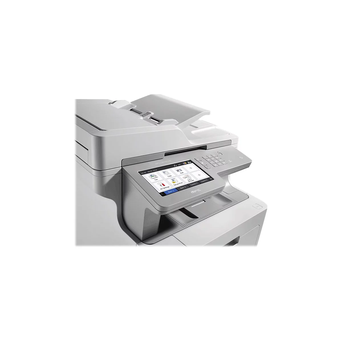 Ein weißer Multifunktionsdrucker mit Touchscreen-Display und Tastenfeld. Das Display zeigt verschiedene Funktionen an.