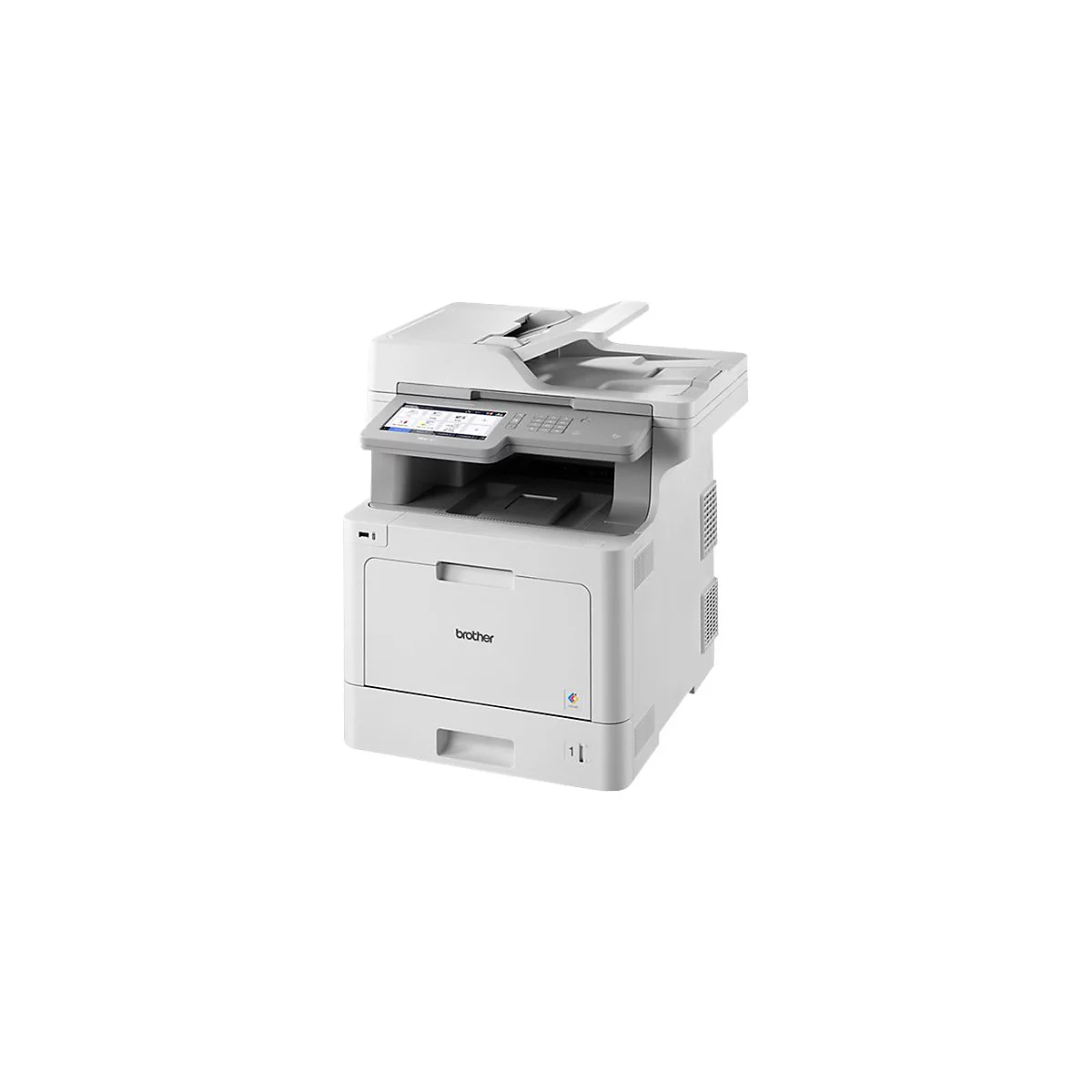 Weißer Multifunktionsdrucker mit Touchscreen. Oberhalb befindet sich ein Scanner, darunter ein Papiereinzug.