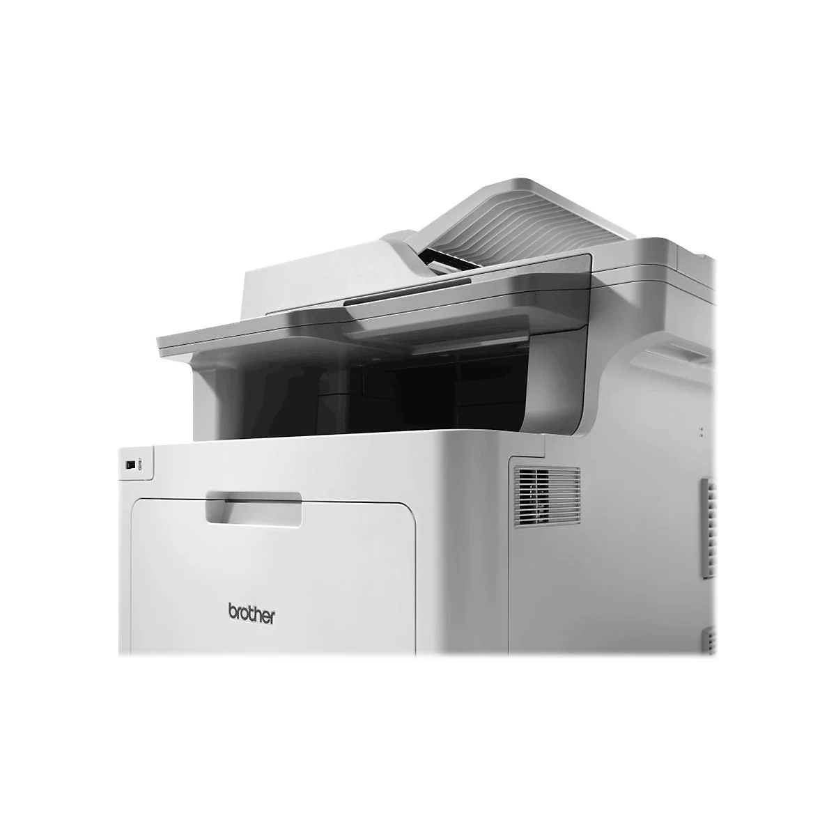 Ein weißer Drucker, teilweise geöffnet, mit dem Schriftzug "brother" am unteren Rand.