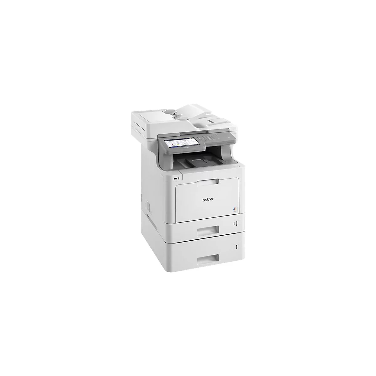 WeiÃŸer Brother-Multifunktionsdrucker mit LCD-Bildschirm und PapierfÃ¤chern, auf weiÃŸem Hintergrund.