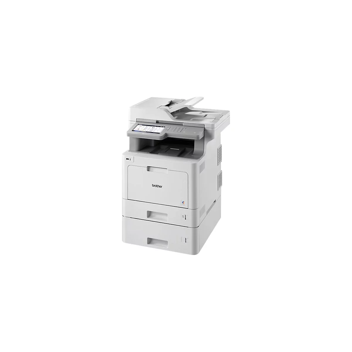 WeiÃŸer Multifunktionsdrucker mit Touchscreen, Marke: Brother, vor weiÃŸem Hintergrund.