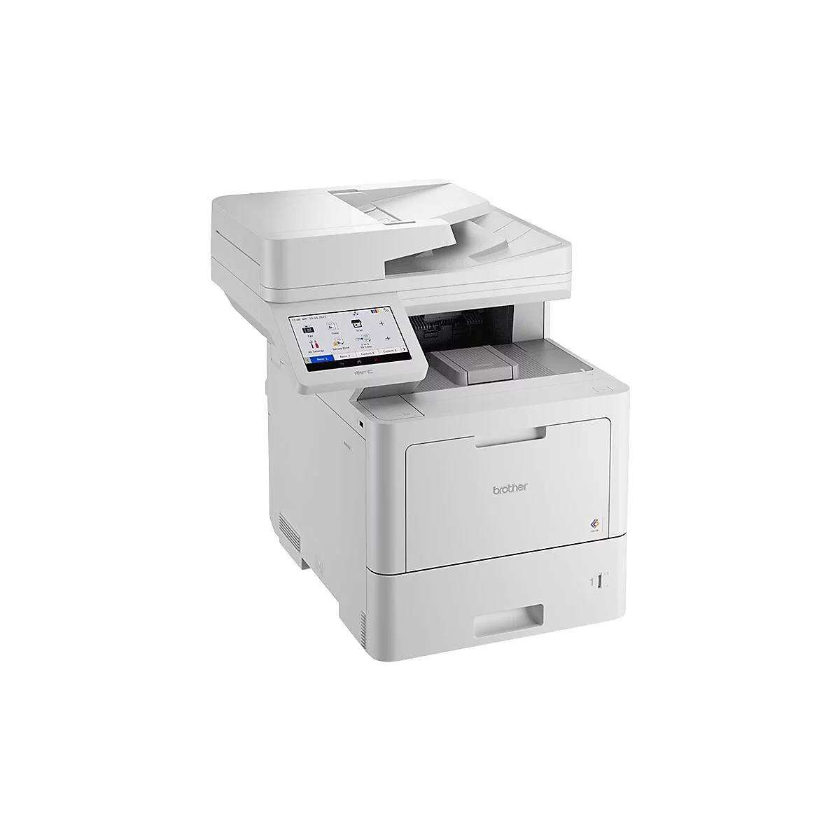 Imprimante multifonction Brother blanche avec écran tactile et alimentation papier.