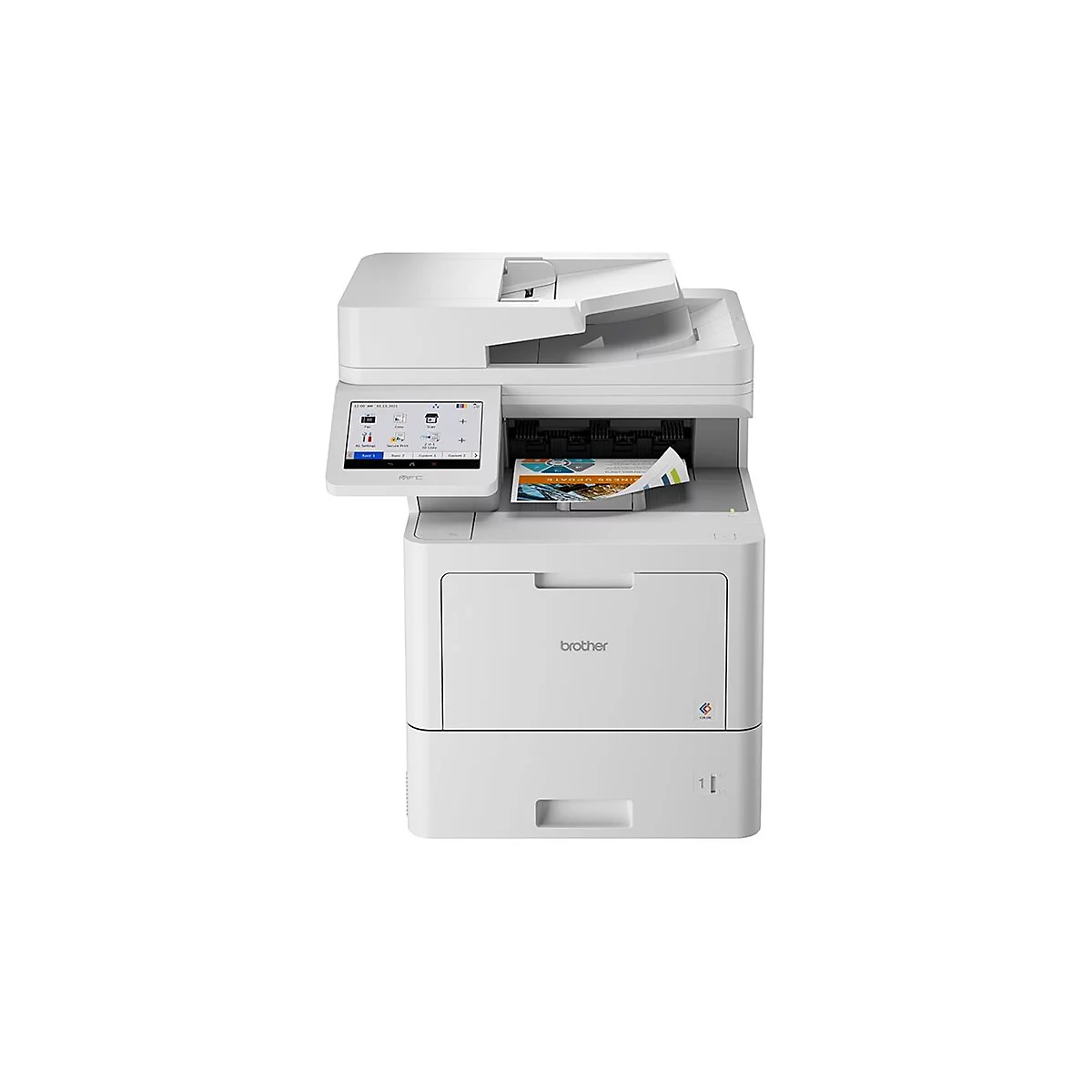 Weißer Multifunktionsdrucker mit Touchscreen und Bedienfeld. Ein Blatt mit 'Incoo Update' wird bedruckt.