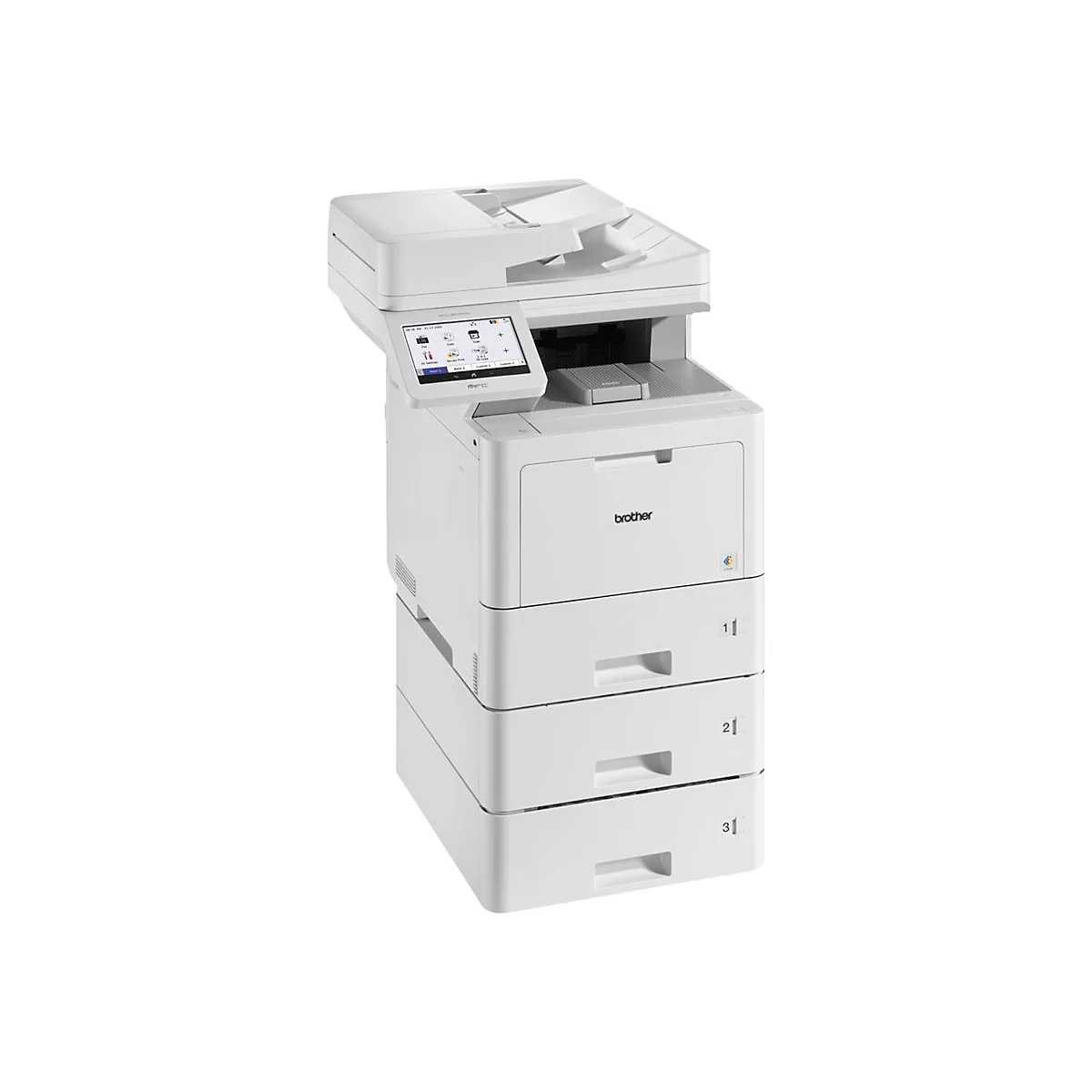 Ein weißer Brother-Multifunktionsdrucker. Auf dem Touchscreen sind Icons zu sehen. Darunter befinden sich drei Papierschubladen.
