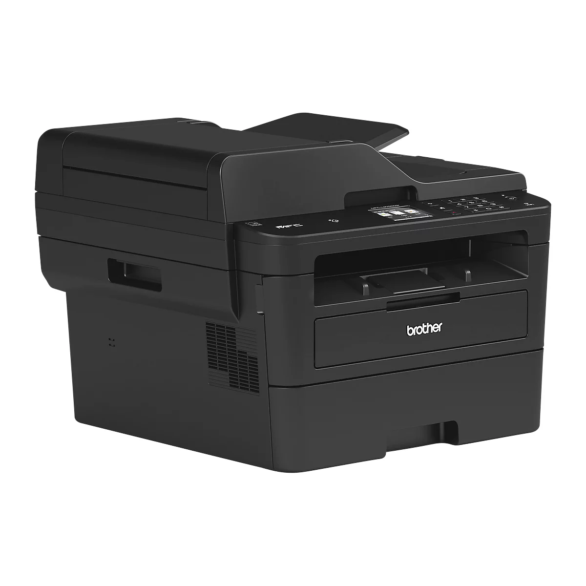 Schwarzer Brother Multifunktionsdrucker mit Papierfach und Bedienfeld. Das Brother-Logo ist gut sichtbar.