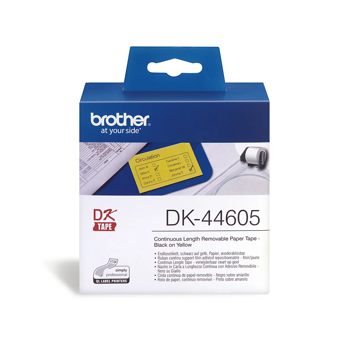 Brother oneindig etiket, DK-44605, 62 mm x 30,48 m, papier geel, verwijderbaar