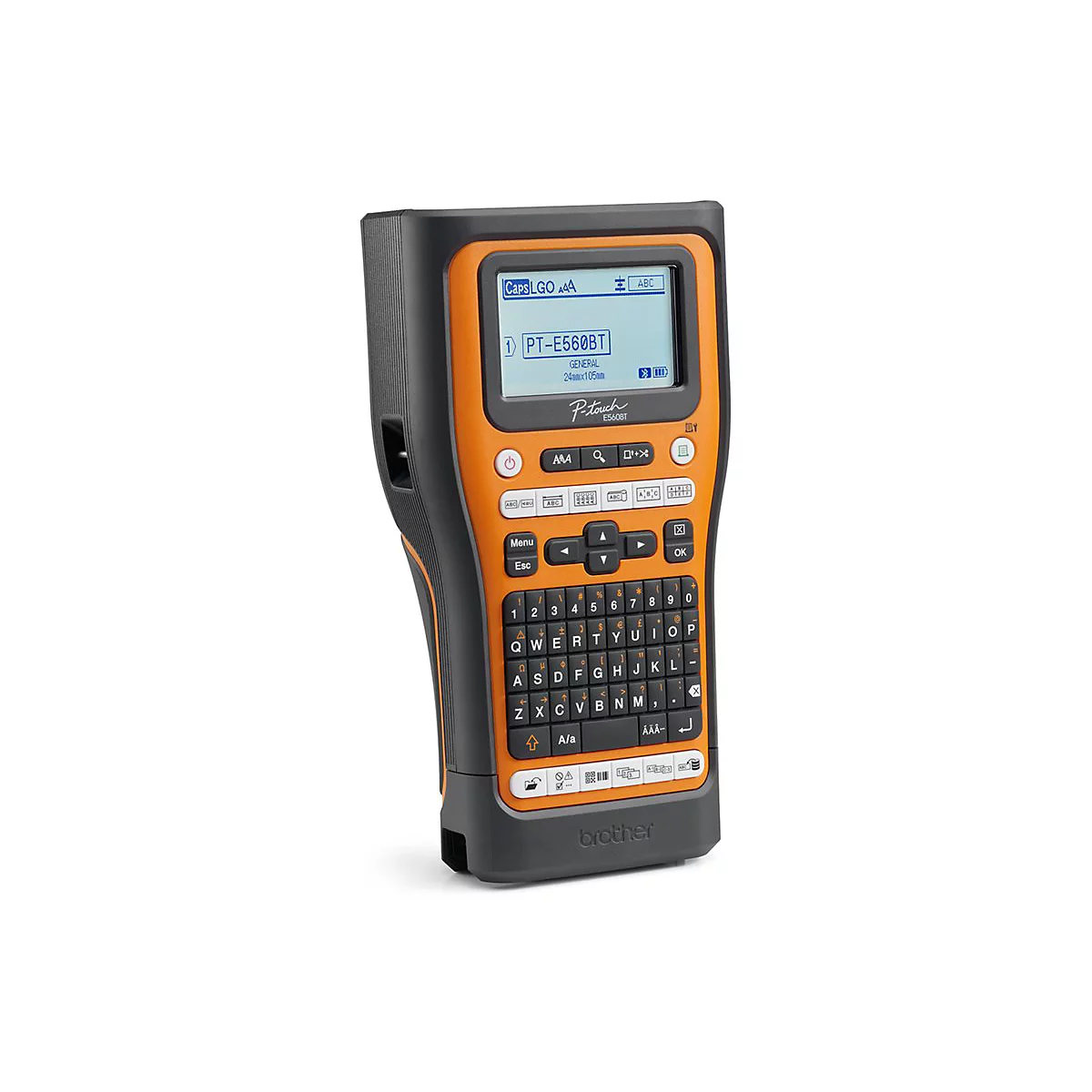 Ein orange-schwarzes Beschriftungsgerät von Brother, Modell PT-E560BT, mit Display und Tastatur.